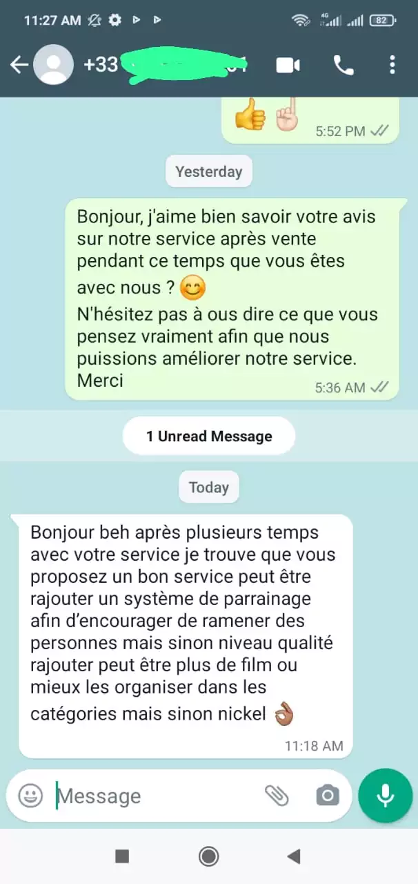 Avis client French IPTV — témoignage WhatsApp